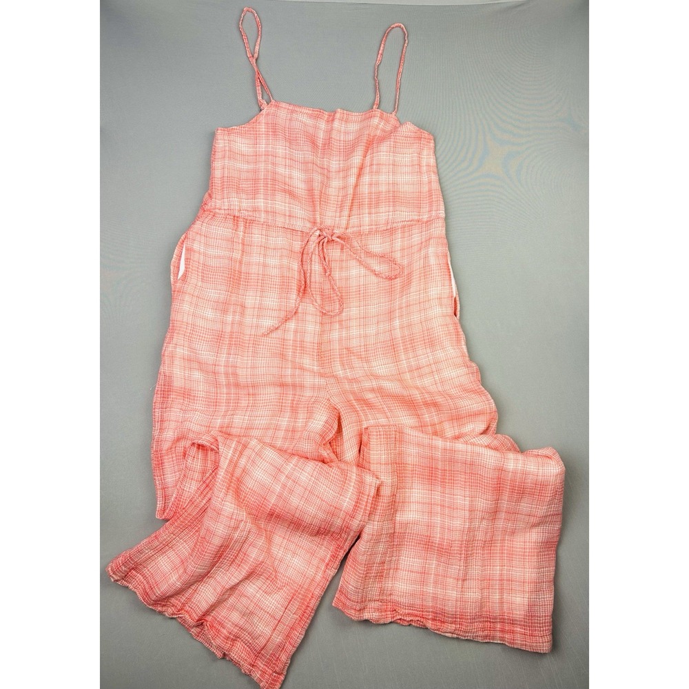 Urban Outfitters Women's XS Gauzy Summer Coral Plaid‎ Overalls Jumpsuit